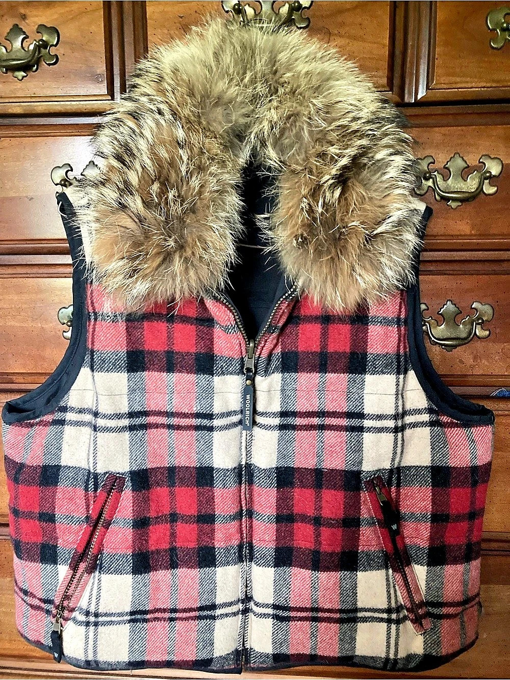 Vintage Woolrich Red Plaid Down Vest with Real Fur Collar